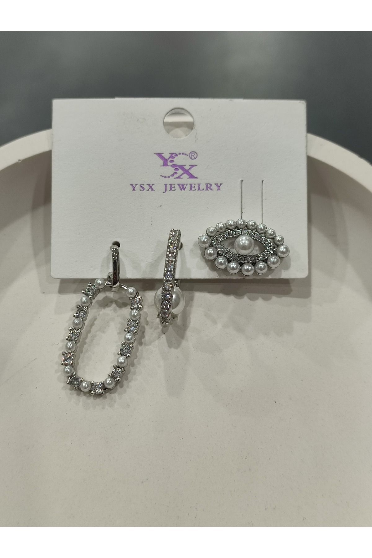 Bijuteri Gümüş Taşlı - İncili - Kalp ve Kelebek Desenli Sallantılı Çoklu Metal Kadın Küpe Jewelry