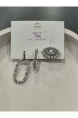 Bijuteri Gümüş Taşlı - İncili - Kalp ve Kelebek Desenli Sallantılı Çoklu Metal Kadın Küpe Jewelry