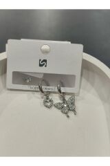 Bijuteri Gümüş Taşlı - İncili - Kalp ve Kelebek Desenli Sallantılı Çoklu Metal Kadın Küpe Jewelry