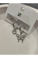 Bijuteri Gümüş Taşlı - İncili - Kalp ve Kelebek Desenli Sallantılı Çoklu Metal Kadın Küpe Jewelry