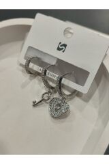 Bijuteri Gümüş Taşlı - İncili - Kalp ve Kelebek Desenli Sallantılı Çoklu Metal Kadın Küpe Jewelry
