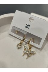 Bijuteri Gold Taşlı - İncilii Sallantılı Çoklu Metal Kadın Küpe Jewelry