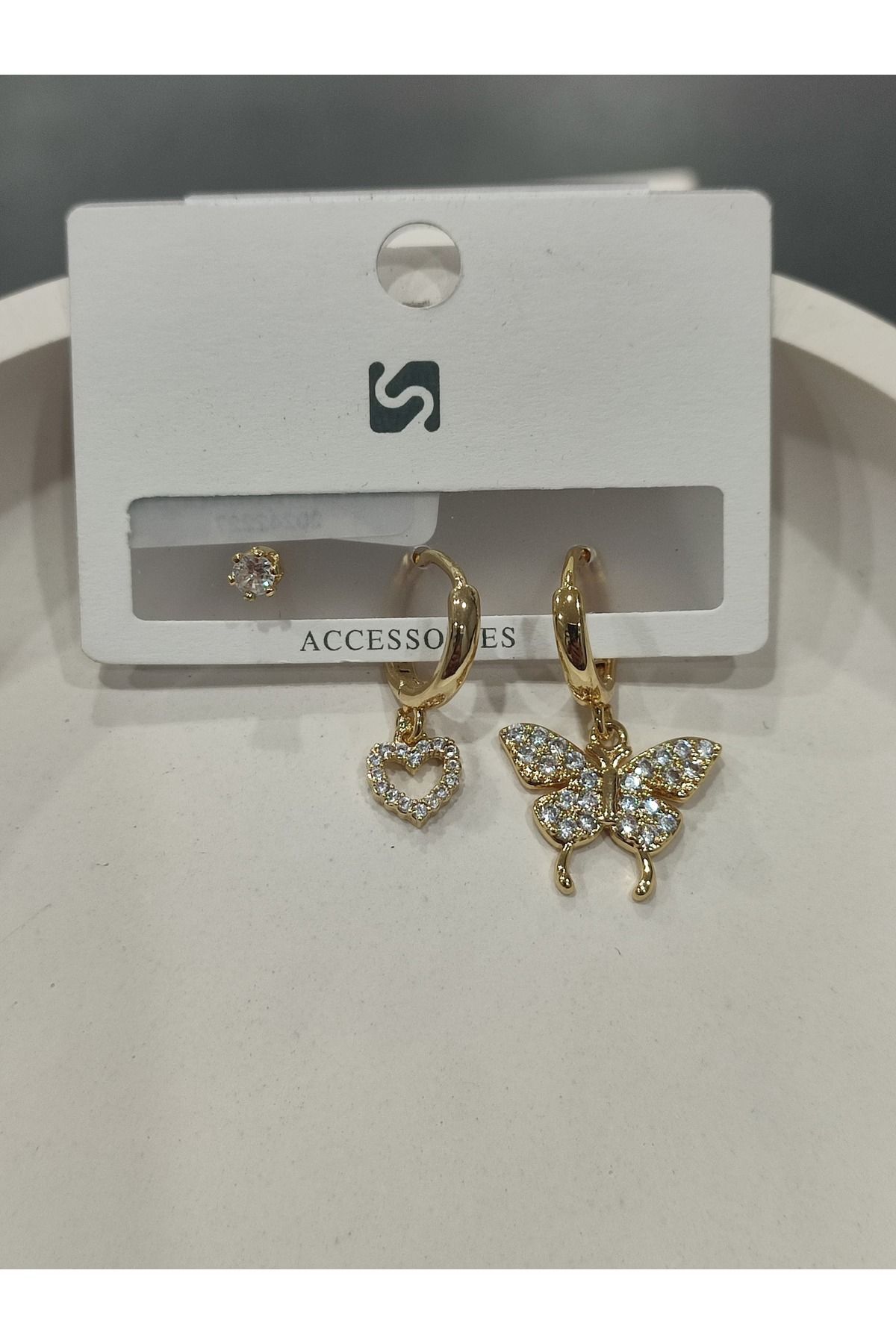 Bijuteri Gold Taşlı - İncilii Sallantılı Çoklu Metal Kadın Küpe Jewelry
