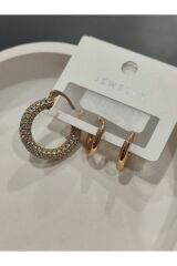 Bijuteri Gold Taşlı - İncilii Sallantılı Çoklu Metal Kadın Küpe Jewelry