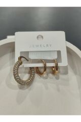 Bijuteri Gold Taşlı - İncilii Sallantılı Çoklu Metal Kadın Küpe Jewelry