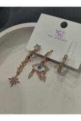 Bijuteri Gold Taşlı - İncilii Sallantılı Çoklu Metal Kadın Küpe Jewelry