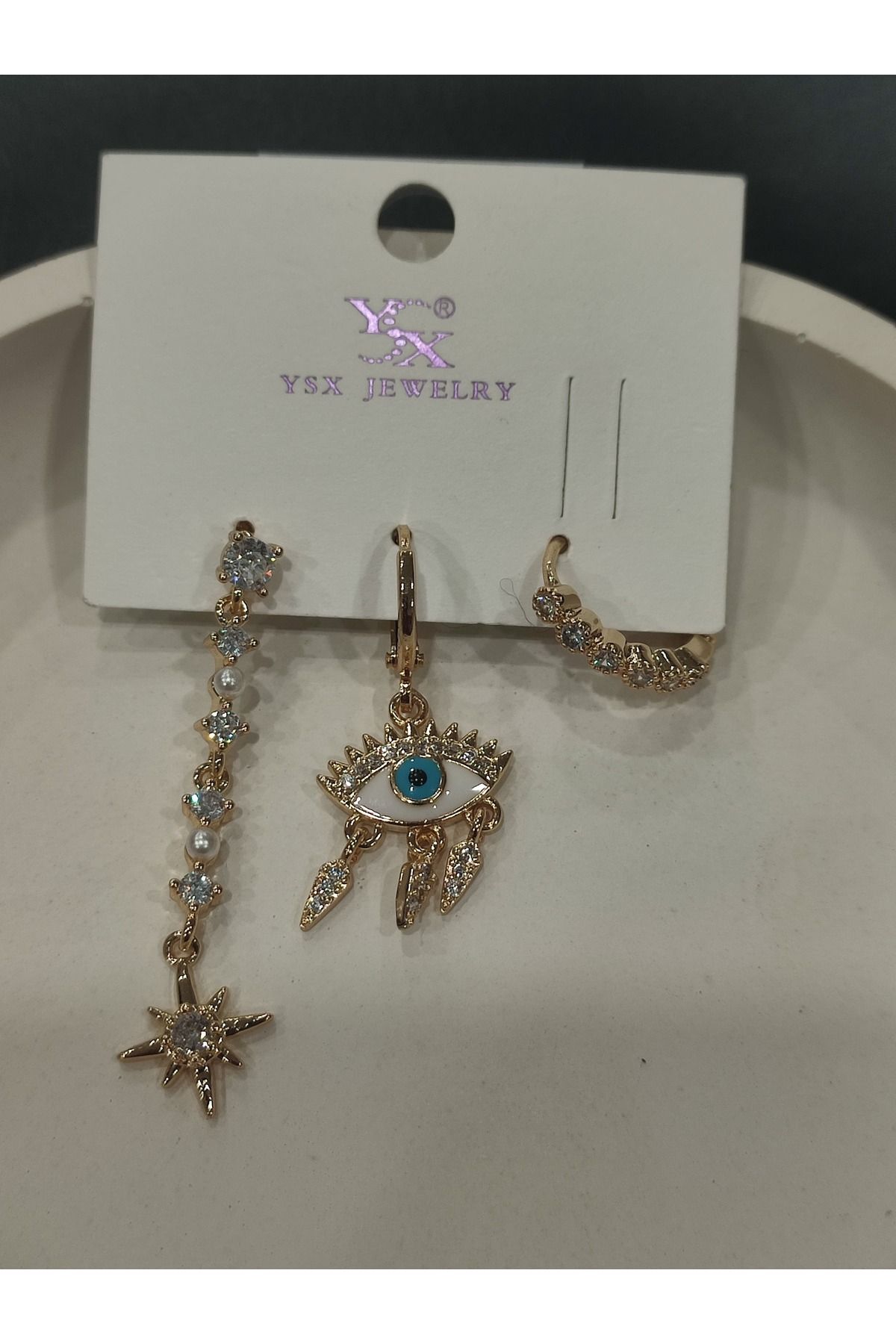 Bijuteri Gold Taşlı - İncilii Sallantılı Çoklu Metal Kadın Küpe Jewelry