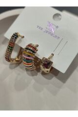 Bijuteri Gold Taşlı - İncilii Sallantılı Çoklu Metal Kadın Küpe Jewelry