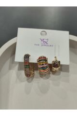 Bijuteri Gold Taşlı - İncilii Sallantılı Çoklu Metal Kadın Küpe Jewelry