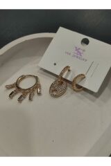 Bijuteri Gold Taşlı - İncilii Sallantılı Çoklu Metal Kadın Küpe Jewelry