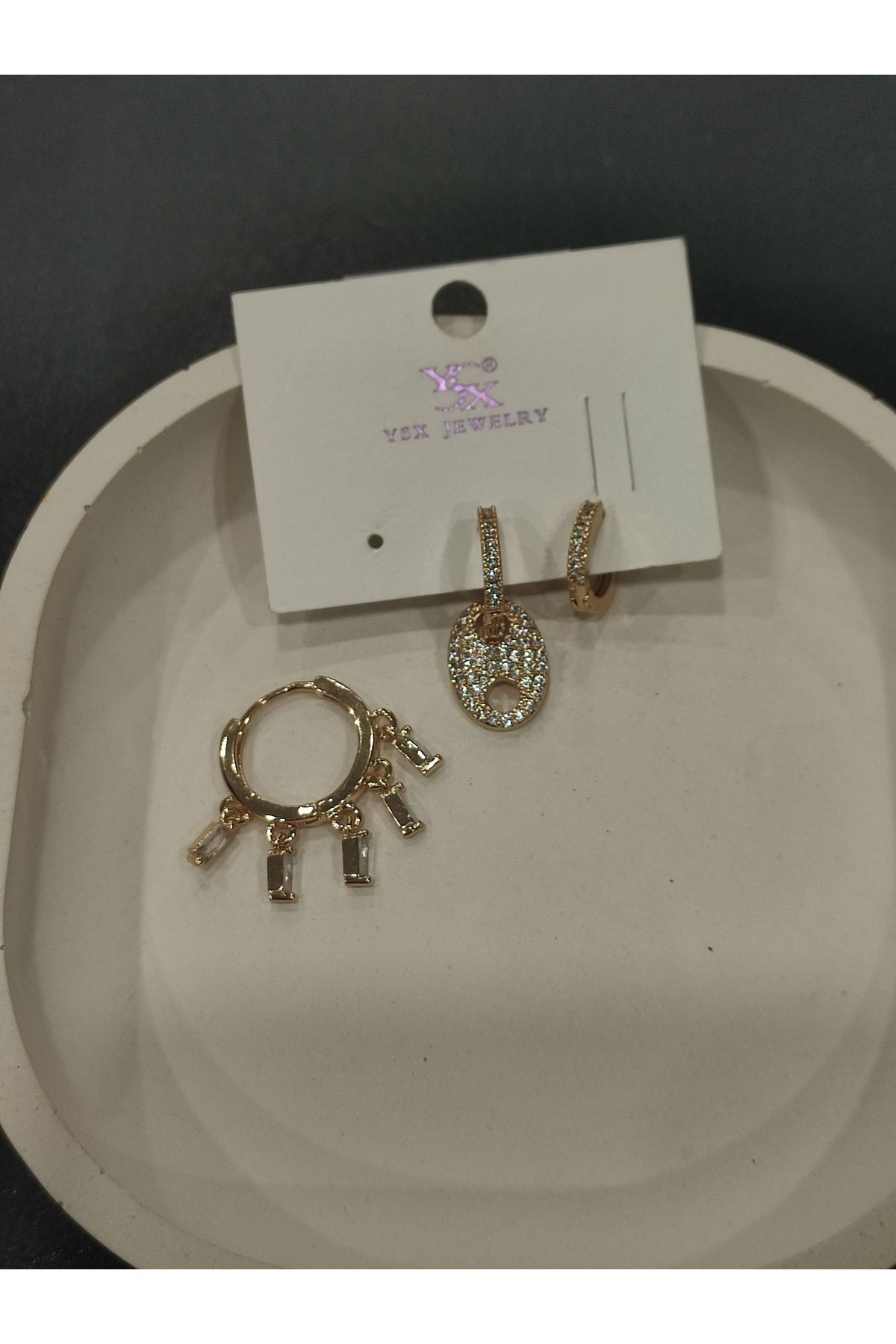 Bijuteri Gold Taşlı - İncilii Sallantılı Çoklu Metal Kadın Küpe Jewelry