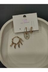 Bijuteri Gold Taşlı - İncilii Sallantılı Çoklu Metal Kadın Küpe Jewelry