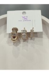 Bijuteri Gold Taşlı - İncilii Sallantılı Çoklu Metal Kadın Küpe Jewelry