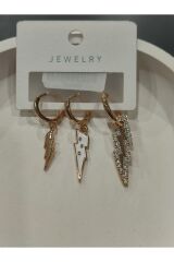 Bijuteri Gold Taşlı - İncilii Sallantılı Çoklu Metal Kadın Küpe Jewelry