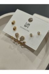 Bijuteri Gold Taşlı - İncilii Sallantılı Çoklu Metal Kadın Küpe Jewelry