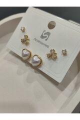 Bijuteri Gold Taşlı - İncilii Sallantılı Çoklu Metal Kadın Küpe Jewelry