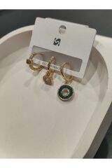 Bijuteri Gold Taşlı - İncilii Sallantılı Çoklu Metal Kadın Küpe Jewelry