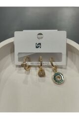 Bijuteri Gold Taşlı - İncilii Sallantılı Çoklu Metal Kadın Küpe Jewelry