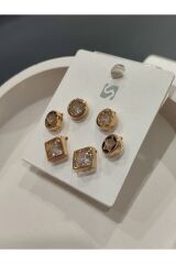 Bijuteri Gold Taşlı - İncilii Sallantılı Çoklu Metal Kadın Küpe Jewelry