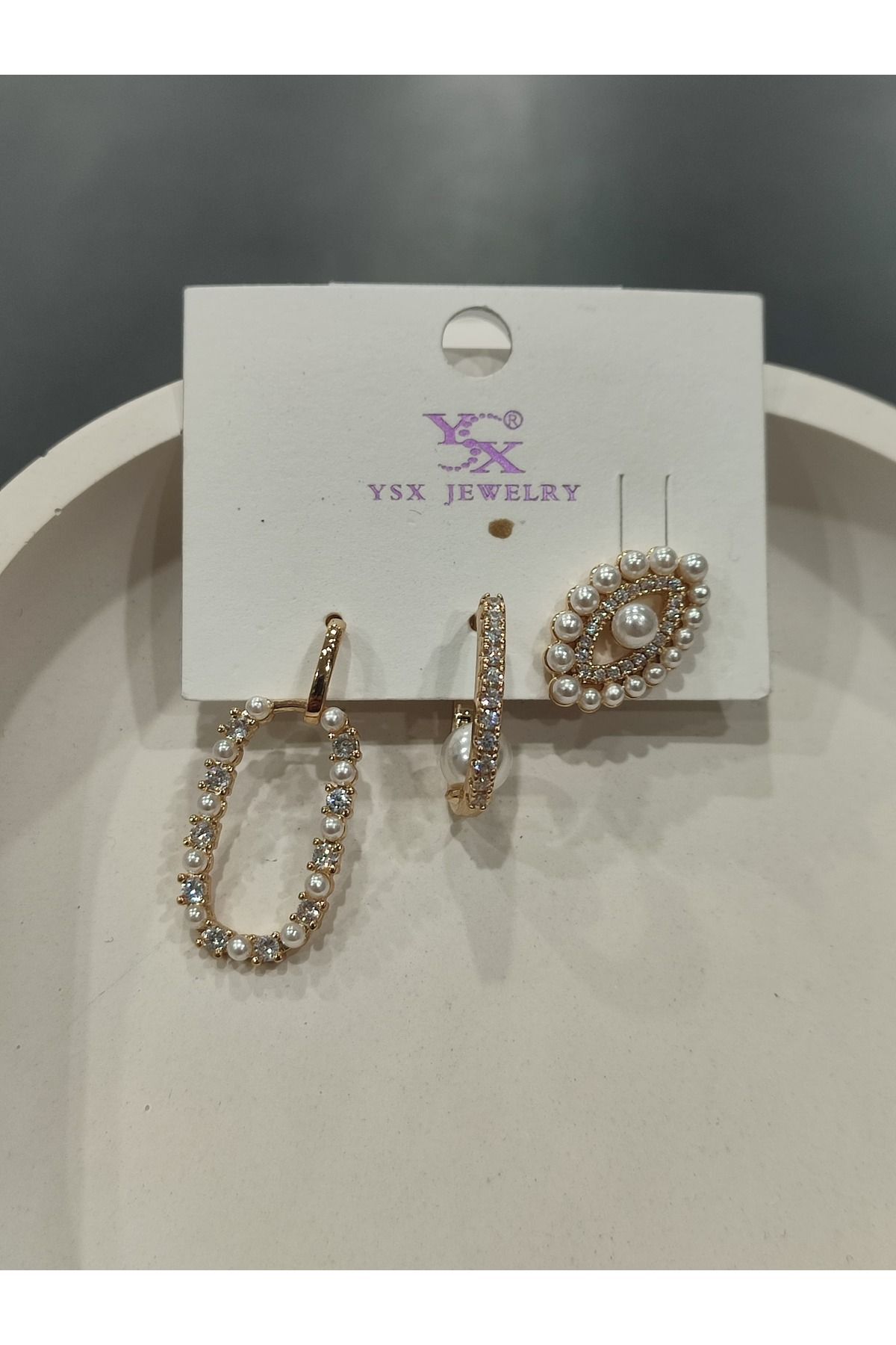 Bijuteri Gold Taşlı - İncilii Sallantılı Çoklu Metal Kadın Küpe Jewelry