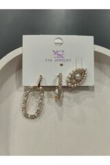 Bijuteri Gold Taşlı - İncilii Sallantılı Çoklu Metal Kadın Küpe Jewelry