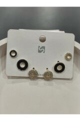 Bijuteri Gold Taşlı - İncilii Sallantılı Çoklu Metal Kadın Küpe Jewelry
