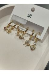 Bijuteri Gold Taşlı - İncilii Sallantılı Çoklu Metal Kadın Küpe Jewelry