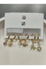 Bijuteri Gold Taşlı - İncilii Sallantılı Çoklu Metal Kadın Küpe Jewelry