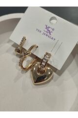 Bijuteri Gold Taşlı - İncilii Sallantılı Çoklu Metal Kadın Küpe Jewelry