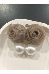 Bijuteri Gold Renkli Tüylü - Boncuklu ve İncili Desenli Metal Kadın Küpe Jewelry