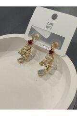 Bijuteri Gold Renkli Taşlı - Boncuklu ve İncili Desenli Metal Kadın Küpe