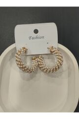 Bijuteri Gold Renkli Taşlı - Boncuklu ve İncili Desenli Metal Kadın Küpe
