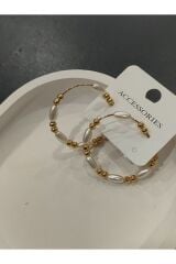 Bijuteri Gold Renkli Taşlı - Boncuklu ve İncili Desenli Metal Kadın Küpe
