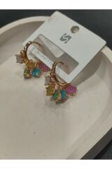 Bijuteri Gold Renkli Taşlı - Boncuklu ve İncili Desenli Metal Kadın Küpe