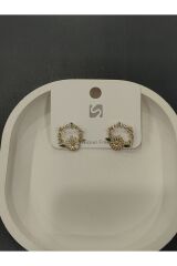 Bijuteri Gold Renkli Taşlı - Boncuklu ve İncili Desenli Metal Kadın Küpe