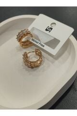 Bijuteri Gold Renk Taşlı ve İnci Desenli Metal Kadın Küpe Jewelry