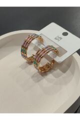 Bijuteri Gold Renk Taşlı ve İnci Desenli Metal Kadın Küpe Jewelry