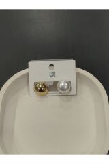Bijuteri Gold Renk Taşlı ve İnci Desenli Metal Kadın Küpe Jewelry