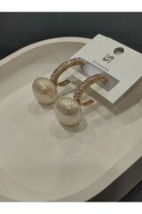 Bijuteri Gold Renk Taşlı ve İnci Desenli Metal Kadın Küpe Jewelry