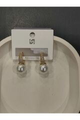 Bijuteri Gold Renk Taşlı ve İnci Desenli Metal Kadın Küpe Jewelry