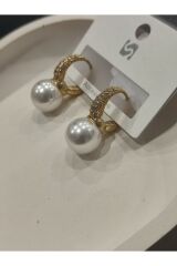 Bijuteri Gold Renk Taşlı ve İnci Desenli Metal Kadın Küpe Jewelry