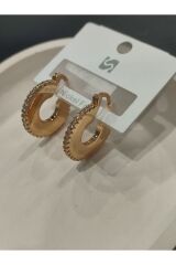 Bijuteri Gold Renk Taşlı ve İnci Desenli Metal Kadın Küpe Jewelry