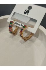 Bijuteri Gold Renk Taşlı ve İnci Desenli Metal Kadın Küpe Jewelry