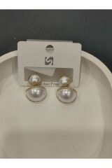 Bijuteri Gold Renk Taşlı ve İnci Desenli Metal Kadın Küpe Jewelry