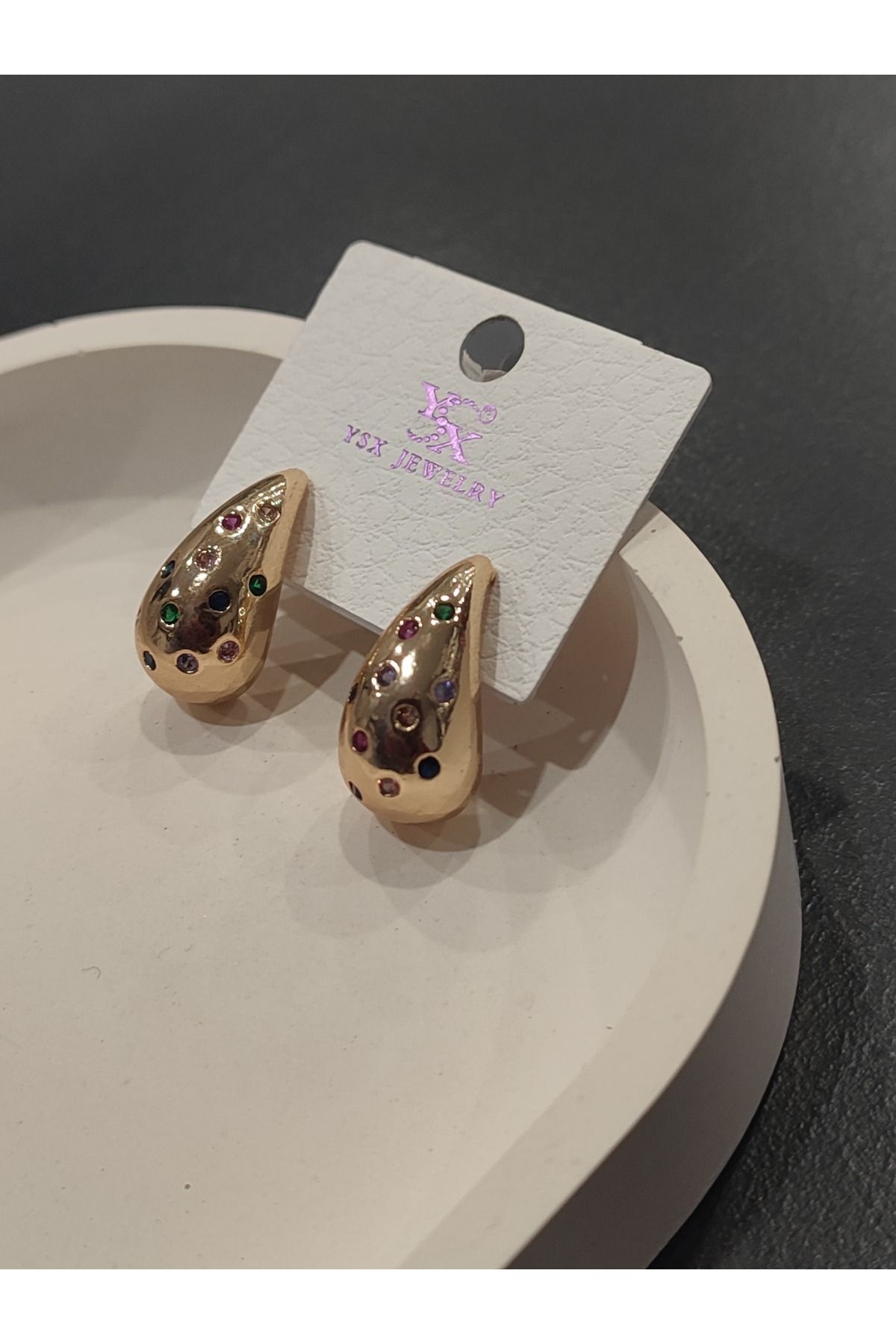 Bijuteri Gold Renk Taşlı ve İnci Desenli Metal Kadın Küpe Jewelry