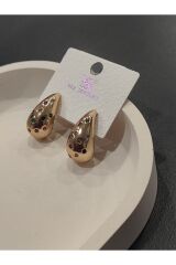 Bijuteri Gold Renk Taşlı ve İnci Desenli Metal Kadın Küpe Jewelry