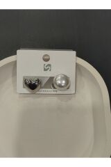 Bijuteri Gümüş Renk Taşlı ve İncili Metal Kadın Küpe