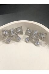 Bijuteri Gümüş Renk Taşlı ve İncili Metal Kadın Küpe