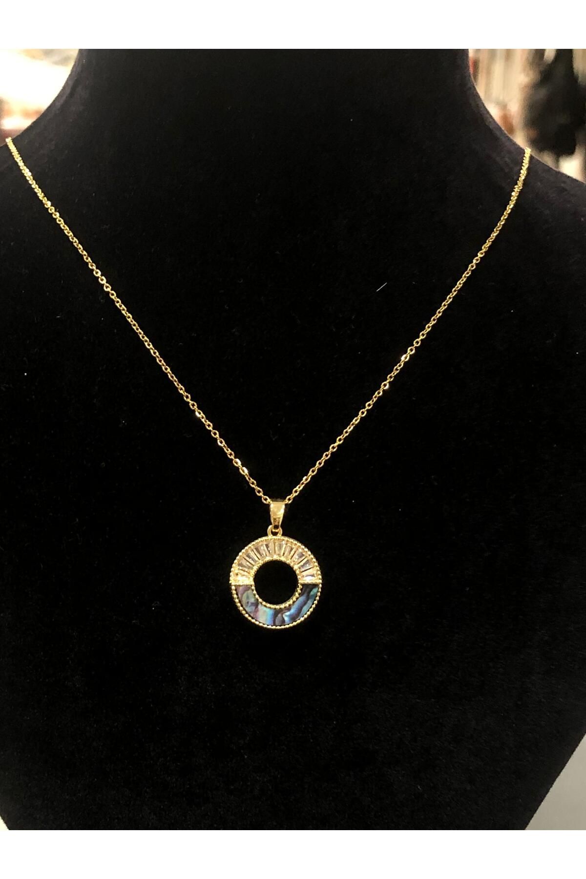 Paslanmaz Çelik Gold Taşlı İncili İşlemeli - Desenli Kadın Kolye