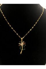 Paslanmaz Çelik Gold Taşlı İncili İşlemeli - Desenli Kadın Kolye